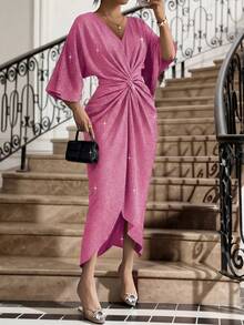 SHEIN Lady Women's Fuchsia Shimmering Plus Size Long Dress With Twist Front Detail - Hot Pink - View 3