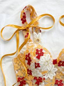 Soleia 女款精緻時尚刺繡透視骨架繫帶背心上衣 - 橘色 - 查看 7
