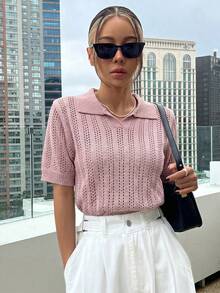 DAZY 條紋 Polo 領短袖休閒春夏季女款針織上衣 - 粉色 - 查看 5