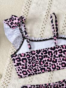 Young Girls Bikini Sets Leopard Print Multicolor Pattern Cute Ruffle Asymmetrical Shoulder Adjustable Strap Ruffle Trim Triangle Bikini Two Pieces Swimsuit Set - Pink - View 5