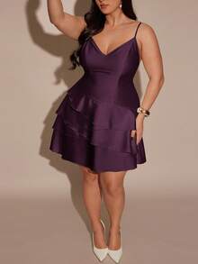 SHEIN BAE Vestido tipo chal de satén con dobladillo asimétrico, espalda fruncida y correa ajustable con hebilla para mujer talla grande, otoño/invierno - Morado - Ver 4