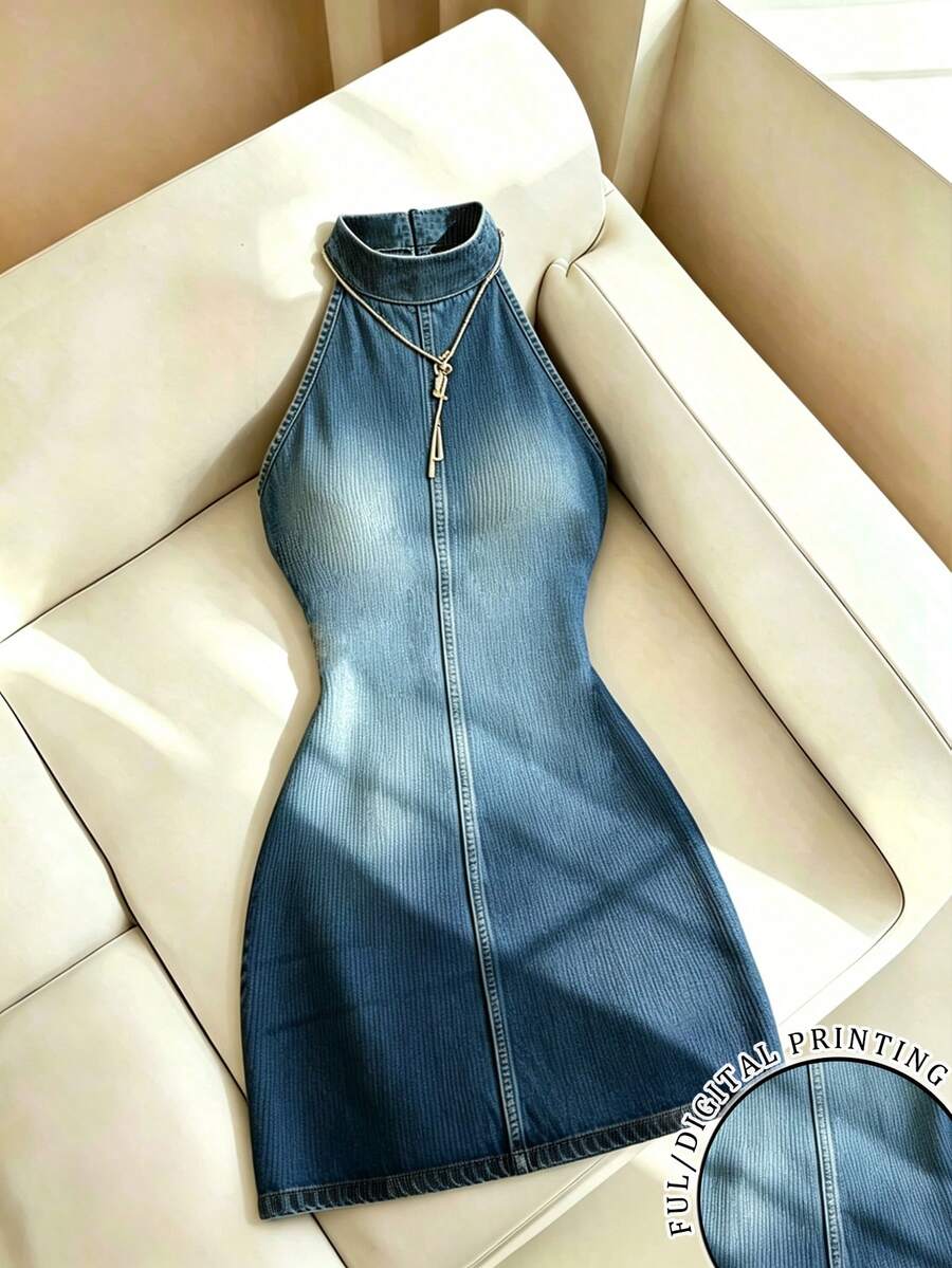 Resyla 女士时尚百搭牛仔印花露背连衣裙 - 彩色 - 查看 1