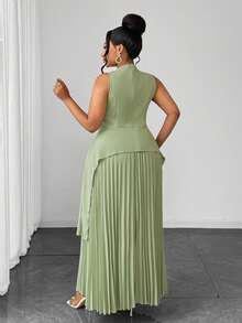 Maweii Plus Size Women's Round Neck Elegant Hollow Out Ruffle Hem Asymmetrical Pleated Full Skirt Sleeveless Tie Two Pieces Set - Green - View 2