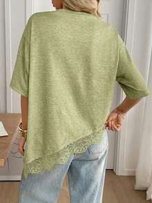 SHEIN LUNE Women's Casual Solid Color Ribbed Asymmetrical Hem Lace Patchwork Spring/Summer Daily Basic Outing T-Shirt Brunch Sage Green - Green - View 2