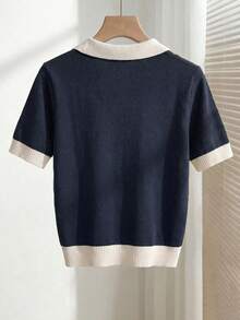 Franclia Women's Spring/Summer Colorblock Simple Casual Polo Collar Short Sleeve Slim Fit Knit Top, Suitable For Daily Wear, Vacation, Spring, Elegant Women's Casual Versatile Turn-Down Collar Short Sleeve Knit Top, Summer - Royal Blue - View 2