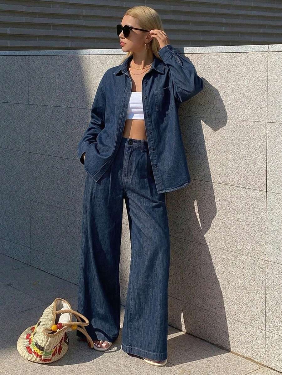 DAZY 女款翻領寬鬆襯衫與直筒褲都市休閒粉色甜美優雅牛仔套裝 - 寶藍色 - 查看 1