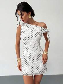 Firerie Damen Sommer Neu Klassisch Retro Polka Dot Asymmetrisches Off-Shoulder Sexy Elegantes Urlaubs Mini Kleid, Mesh Polka Dot Kleid, Asymmetrisches Ausschnitt Kleid, Frühling/Sommer Kleidung, Strandmode, Elegant, Sexy, Urlaub, Strand, Hawaiianisch, Dating, Party, Musikfestival, Abschlussball Kleid, Ballkleid/Braunes Kleid - Weiss - Übersicht 5