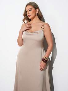 Maija Plus Size Champagne Cowl Neck Spaghetti Strap Metal Buckle Fitted Flared Satin Sateen Slip Dress, Modern Vacation Casual Low-Key Old Money Style Luxury Cruise Wear, Middle East Minimalist Quiet Luxury Textured Essential Outfit, Fashion Business Casual Urban Women's Office Wear, City Commute High Quality Airport Outfit, All Season Versatile Vacation Clothing - Apricot - View 8