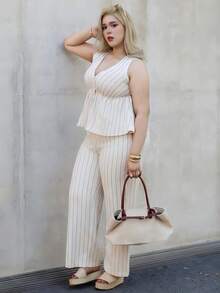 CHERRY TINTT SELECTION Plus Size Casual Vacation Striped Sleeveless A-Line Dress Shirt And Straight Leg Casual Pants 2 Pieces Set Elegant Summer - Apricot - View 5
