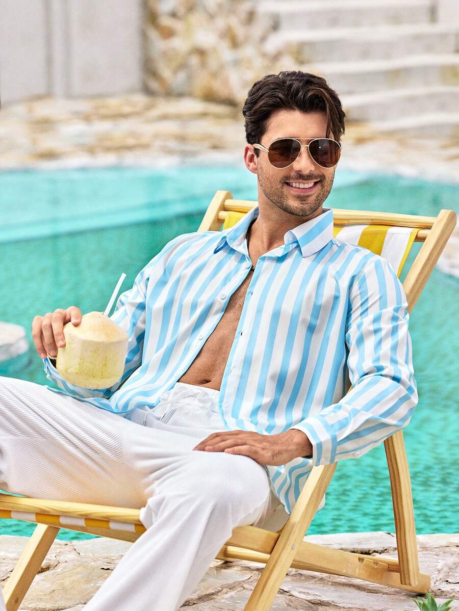Mercer Haus Men's Light Blue Striped Collar Long Sleeve Polyester Shirt, Casual, Button, Button Front, Ribbed, Spring/Fall, Button Down Shirt, Comfortable Gift For Father/ Husband