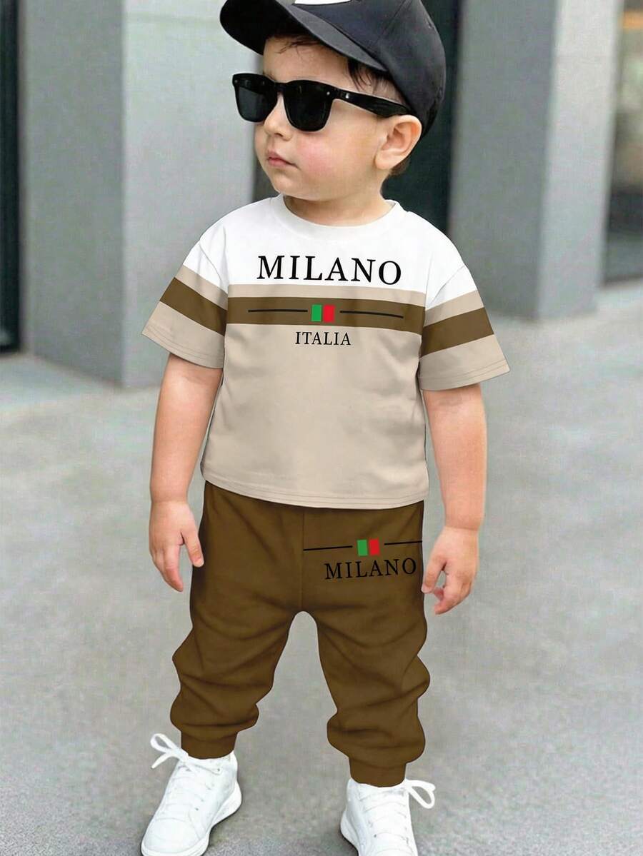 2pcs/Set Baby Boys' Loose Casual Sports Short Sleeve T-Shirt And Pants Set, Suitable For Spring & Summer. Classic Cool Colorblock Graphic Print, Milan City Name And Italian Text Print, Suitable For Campus, Spring & Summer - Multicolor - View 1