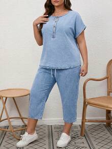 SHEIN EMERY ROSE CURVE 女款寬鬆大尺碼單排扣短袖牛仔上衣與長褲兩件套 - 藍色 - 查看 3