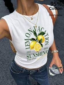 Siren Gaze Casual Tropical Minimalist Vacation Style Lemon Letter Vintage Print 95 Cotton All-Match Women's Tank Top Suitable For Spring And Summer White - White - View 6