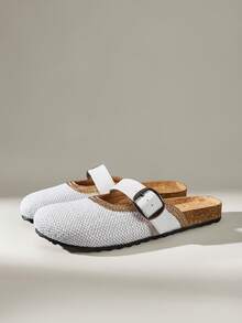 Solecia 女鞋春夏新款編織紋理拼接扣飾圓頭套腳平底鞋，舒適簡約，通勤休閒百搭必備 - 白色 - 查看 4