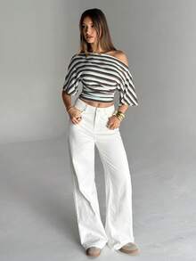Aloruh Women's Striped Asymmetric Neck Loose Fit Ruched Waist Cinched Simple Basic T-Shirt - Multicolor - View 4
