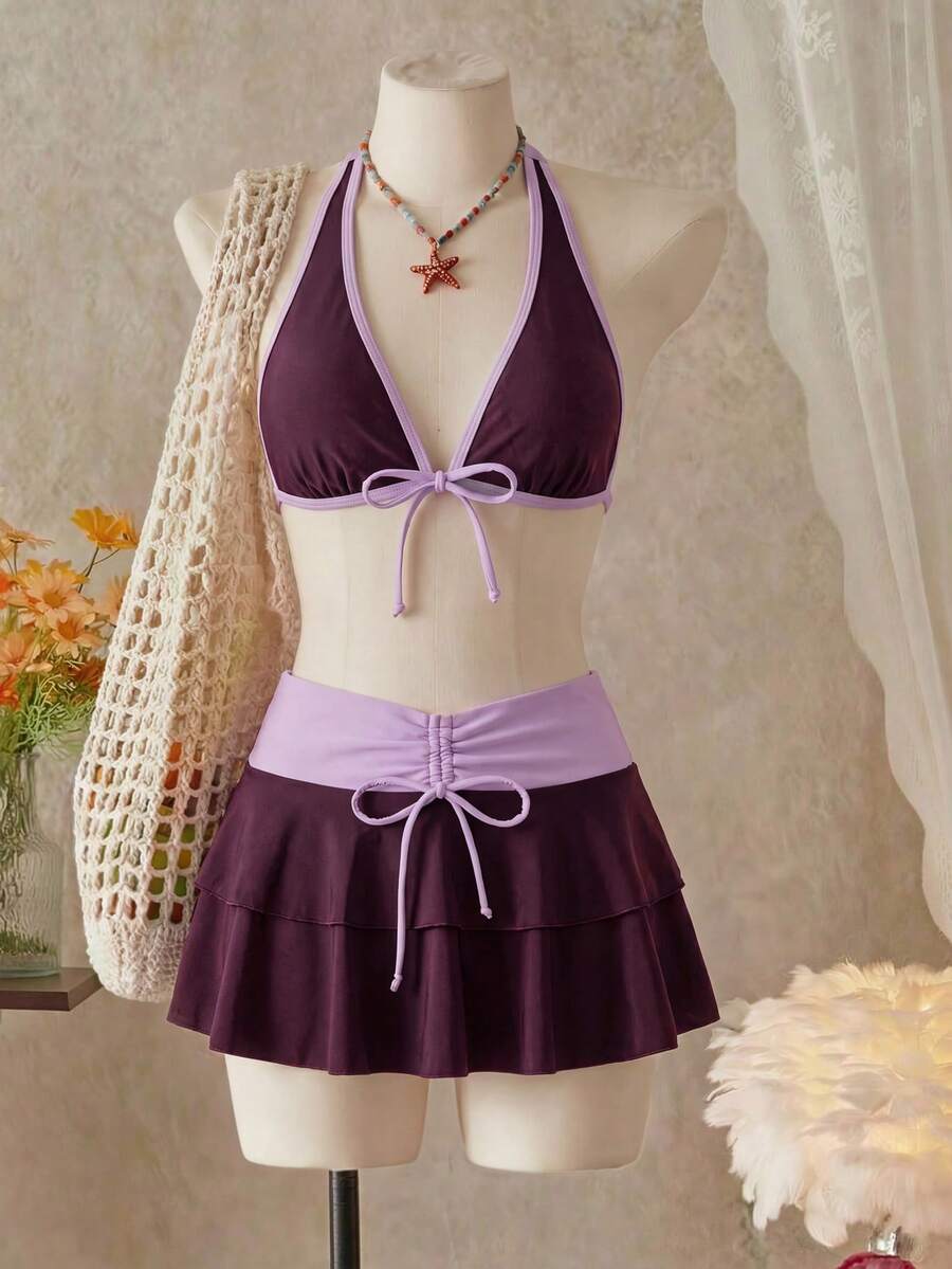 Bellisia 女款夏季海灘音樂節花卉圖案裙子掛脖式休閒度假風比基尼3件套 - 彩色 - 查看 1