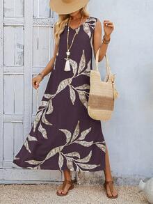 EMERY ROSE Casual Boho Leaf Pattern V-Neck Long Women's Dress Suitable For Spring And Summer Vacation Dark Purple - Brown - View 6
