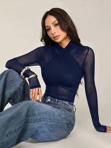 SHEIN PETITE 女款性感純色網紗包身連身衣，透視長袖上衣，長袖網紗上衣，黑色透視上衣，黑色網紗上衣，秋季，黑色連身衣 - 藏蓝色 - 查看 6
