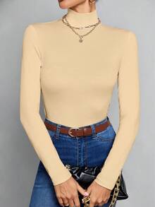 SHEIN Tall Simple Solid Color Slim High Collar White Top Suitable For Autumn And Winter - Apricot - View 1