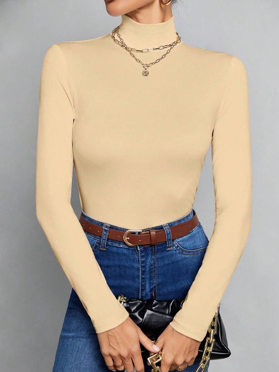 SHEIN Tall Simple Solid Color Slim High Collar White Top Suitable For Autumn And Winter - Apricot - View 1
