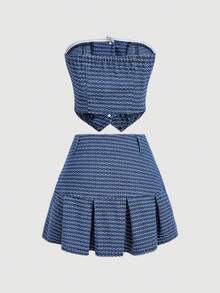 Sweetra Women's Single-Breasted Bandeau Top And Pleated Skirt Denim Set - Blue - View 2