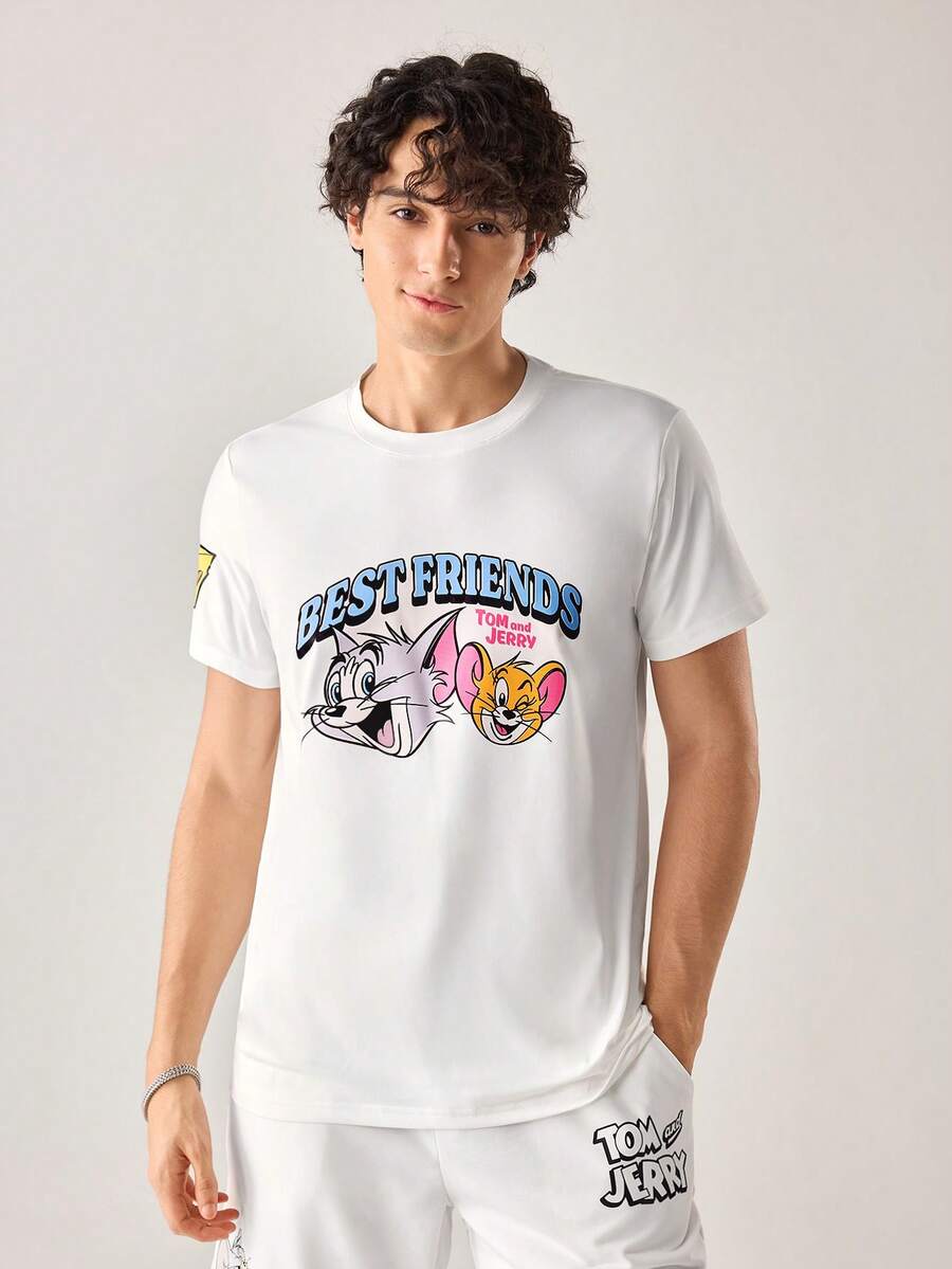 Strevion TOM & JERRY Kaos Pria Minimalis "Sahabat Terbaik" Berkerah Bulat Lengan Pendek, Musim Panas - Putih - View 1