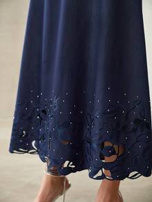 MOTF PREMIUM SPRING/SUMMER ELEGANT V-NECK EMBROIDERED RHINESTONE A-LINE DRESS DINNER DATE NAVY BLUE - Blue - View 1