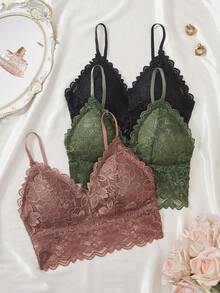 SHEIN Set 3 Potong Wanita, Atasan Camisole Seksi dengan Renda dan Pinggiran Bergelombang untuk Acara Pesta - MultiWarna - View 3