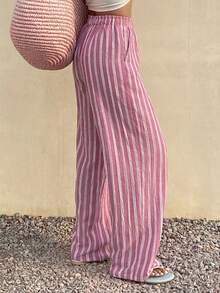 DAZY Women's Striped Elastic Waist Casual Pants - Pink - View 6