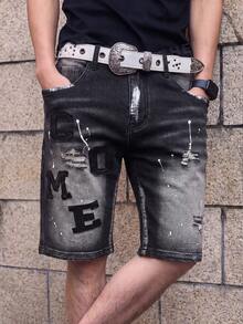 Manfinity EMRG Men's Casual Denim Shorts With Pockets & Letter Patch, Frayed Hem, Holiday - Black - View 3