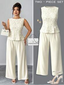 Elenzga Pailletten-Mesh-Patchwork-Ärmelloses figurbetontes Hemd + passende gerade Hose 2 Stücke Set, elegant für Ausgehen, Dates, Partys, Nachmittagstee in Große Größen - Aprikosenfarben - Übersicht 9