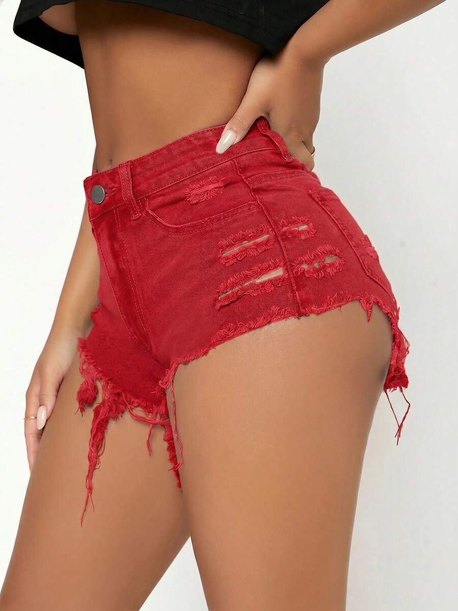 SHEIN PETITE 夏季休閒破洞牛仔短褲,適合嬌小女性 - 紅色 - 查看 1