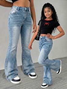SHEIN Tween Girls Y2K Bohemian Vintage Washed Slim Fit Flare Jeans Soft Denim Pants Casual School Party Spring Autumn Back To School; Girls Light Blue Washed High Waist Micro Flare Wide Leg Jeans Summer Autumn Back To School Street Vintage Casual Versatile - Medium Wash - View 1
