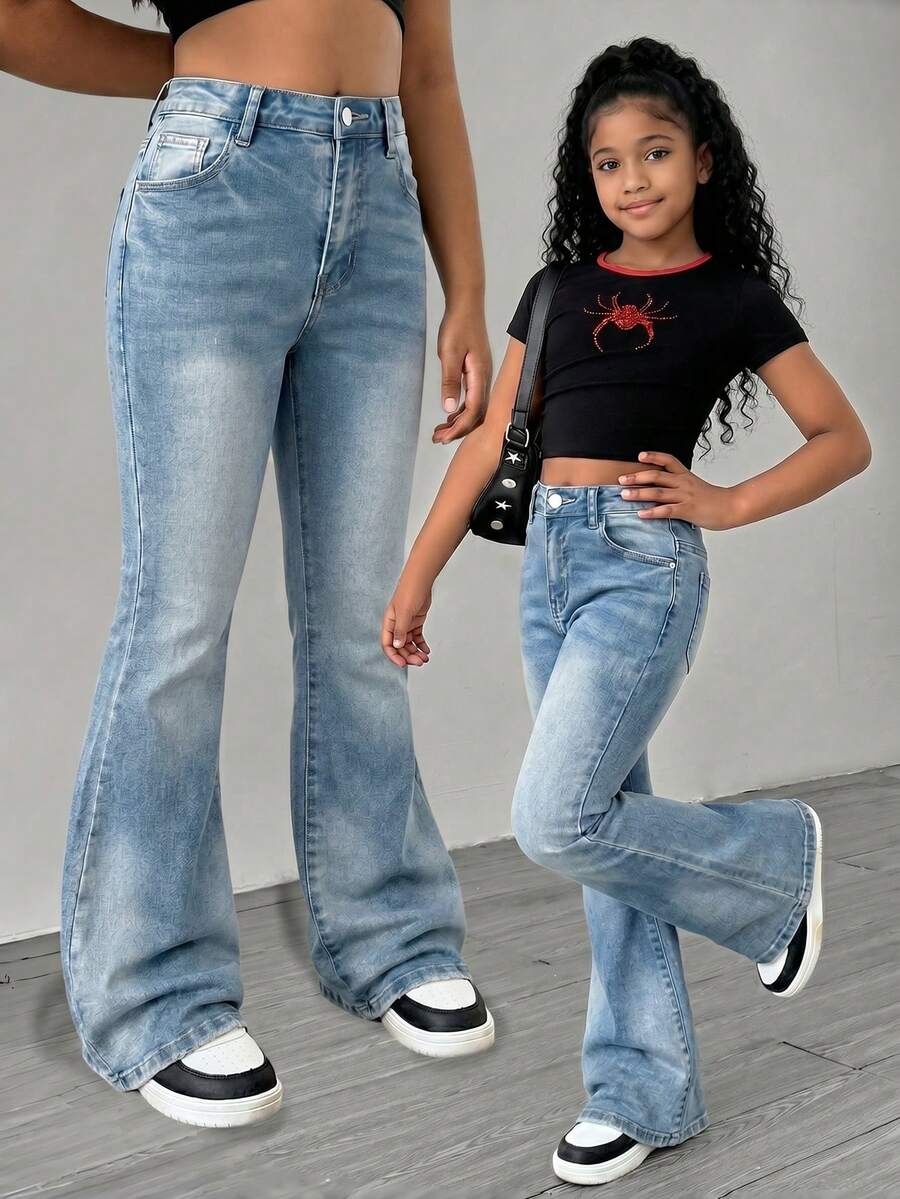 SHEIN Tween Girls Y2K Bohemian Vintage Washed Slim Fit Flare Jeans Soft Denim Pants Casual School Party Spring Autumn Back To School; Girls Light Blue Washed High Waist Micro Flare Wide Leg Jeans Summer Autumn Back To School Street Vintage Casual Versatile - Medium Wash - View 1