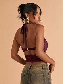 SHEIN BAE Top halter sexy de verano para mujer con cuello de volantes de encaje y espalda descubierta - Granate - Ver 2