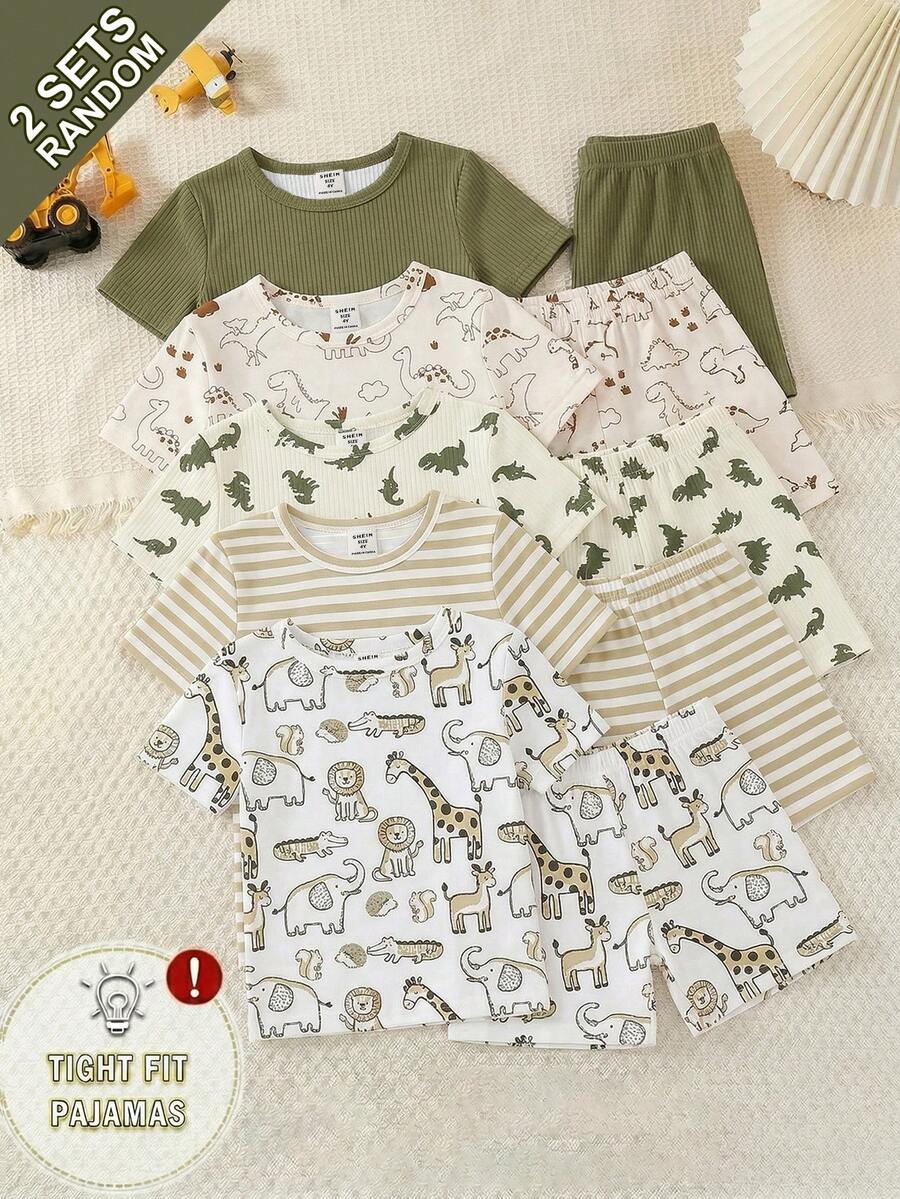 【5套随机发货2套】幼儿男童春夏时尚可爱卡通恐龙动物世界印花套装,经典条纹纯色绿色圆领弹力针织面料紧身休闲短袖上衣和裤子两件套睡衣,适合室内外穿着 - 彩色 - 查看 1