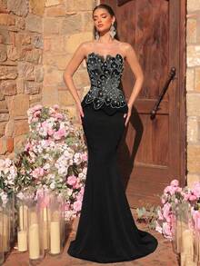 Glamrae Elegante y lujoso vestido de sirena de punto elástico con patchwork de bordado floral, cuentas de burbuja y lentejuelas, adecuado para boda, fiesta, despedida de soltera, vacaciones, baile de graduación, vestido de noche (estilo de mano de obra pesada) - Negro - Ver 6