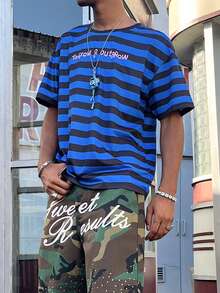 STEELVANCE Men's Dropped Shoulder Short Sleeve Striped Letter Print Casual Summer Loose Fit T-Shirt - Multicolor - View 9