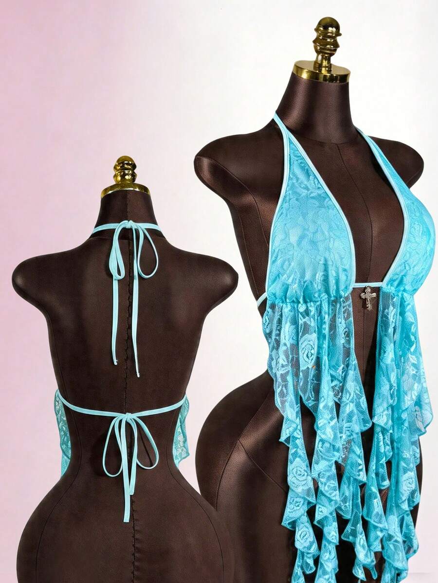 SaltGleam SaltGleam Damen Mode Spitze Rüschen Kragen Metall Schnalle Trägerhemd, sexy und für junge Damen, geeignet für Urlaub, Party, Date, Kreuzfahrt, Festival, Strand, Boho-Stil, Ostern, Hochzeit, Musikfestival, Unabhängigkeitstag, Rock, Party, vielseitig für alle Jahreszeiten - Blau - Übersicht 1