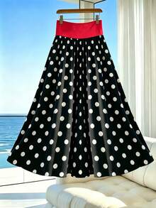 SHEIN Franclia Eleganter Damen-Sommerrock im A-Linien-Stil für Urlaub, Lässig und Pendeln, schwarze Basis mit weißem Polka-Dot-Muster und kontrastierendem rotem Bund - Schwarz und Weiss - Übersicht 2