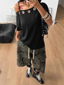 Coolane 女款秋季街頭風 Y2K 骷髏圖案萬聖節出遊寬鬆黑色 T-shirt - 黑色 - 查看 2