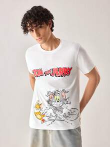 Strevion TOM & JERRY 男士极简主义汤姆掉进冰洞图案印花圆领短袖T恤，夏季 - 白色 - 查看 3