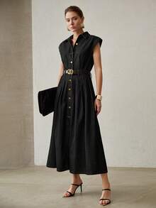 MOTF PREMIUM SPRING/SUMMER WOMEN'S CASUAL COMMUTER FRONT BUTTON DENIM DRESS WITHOUT BELT - Dark Wash - View 7