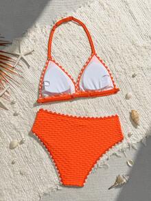 Tween Girl Special Fabric Floral Design Triangle Bikini Suitable For Vacation, Beach, Seaside, Swimming - Orange - View 3