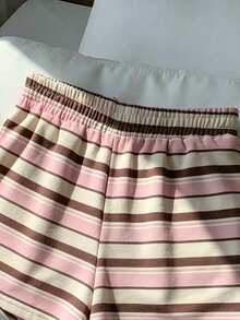 Comfortcana Casual Minimalist Pink Brown Striped Print Pattern Women's Casual Shorts Suitable For Summer - Multicolor - View 6