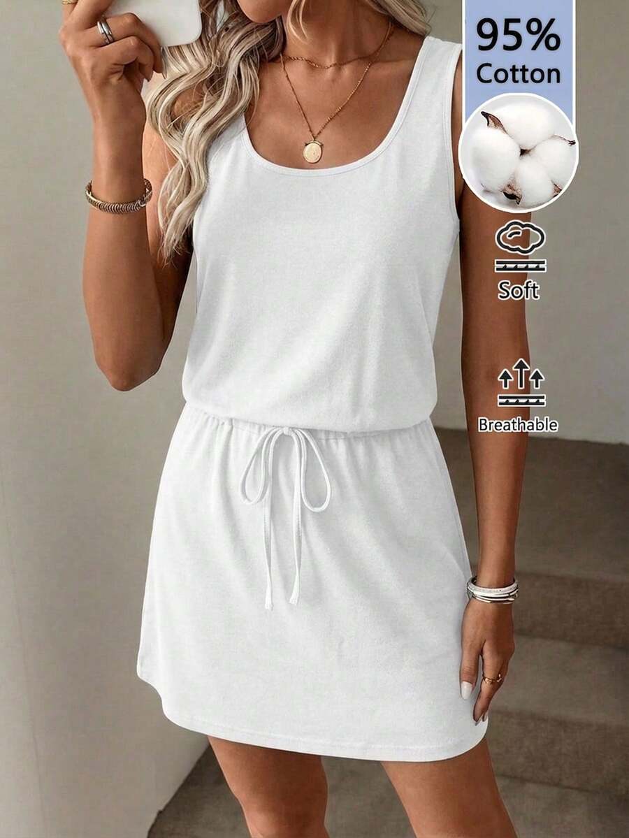 SHEIN LUNE 95 Cotton Casual Basic Minimalist Street Style Pure Cotton Plain White Short 2-In-1 Dress, Women's Summer Going Out Vacation - White - View 1
