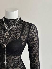 SHEIN Unity Modisches schwarzes sexy Damen-Spitzen-Top - Schwarz - Übersicht 5