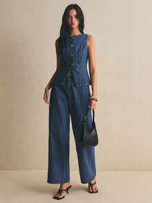Poéselle Bộ đồ denim nữ phong cách tối giản gồm áo tank top sọc cài đơn và quần dài suông thoải mái thường ngày - Rửa tối - Xem 6