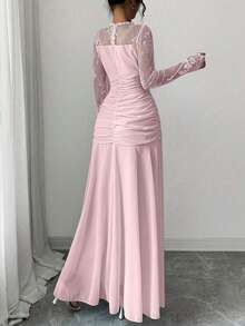 Modelyn Vestido largo con diseño francés, patchwork de encaje y lazo para mujer - Rosa - Ver 2