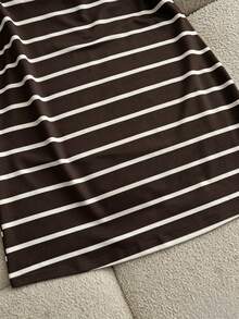 GlowEve 女款翻領拉鍊 POLO 衫 T-Shirt 洋裝，修身復古運動風棕色條紋，適合夏季休閒外出、休閒運動、校園、早午餐 - 彩色 - 查看 7